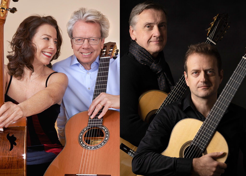 Auf dem Foto sieht man drei Männer und eine Frau, die jeweils eine Gitarre in der Hand halten.