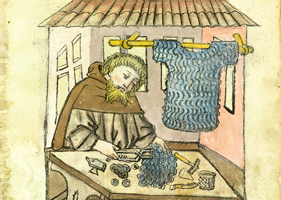 Historische Zeichung von einem Mann, der ein Kettenhemd herstellt.