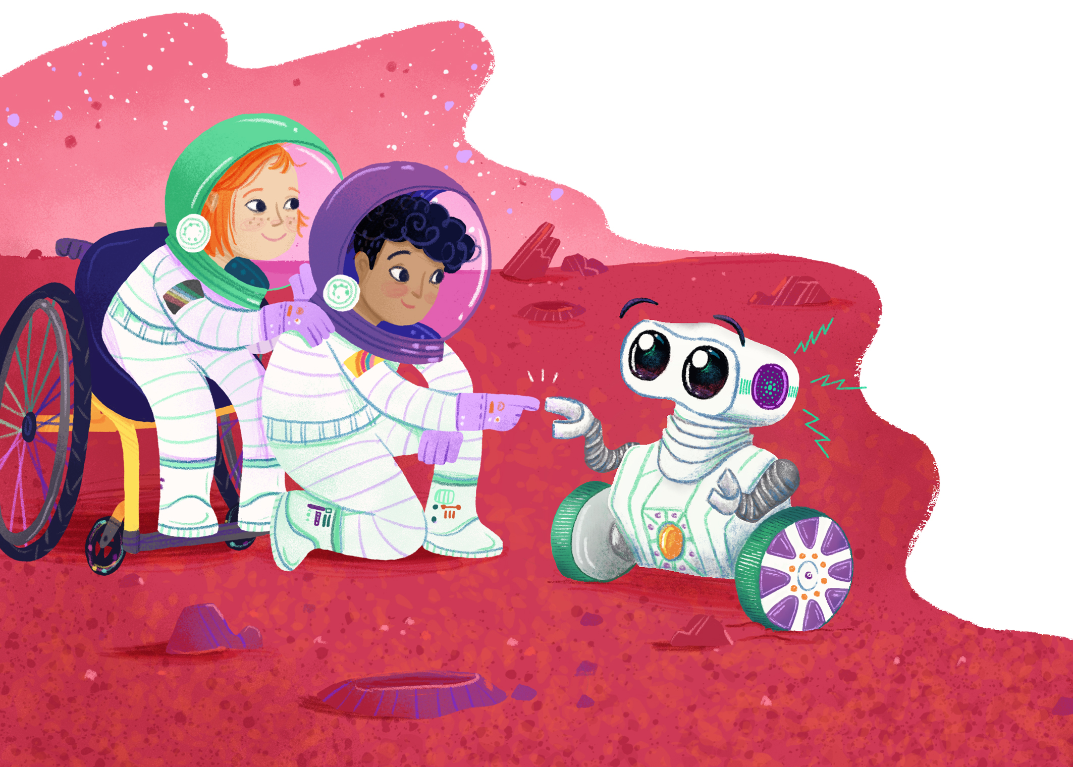 Auf der Zeichnung ist Ela mit ihrem Freund zu sehen, wie sie den Marsroboter trifft.