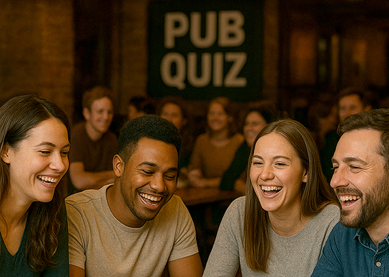 Lachende Menschen, die Freude an einem Quiz haben.