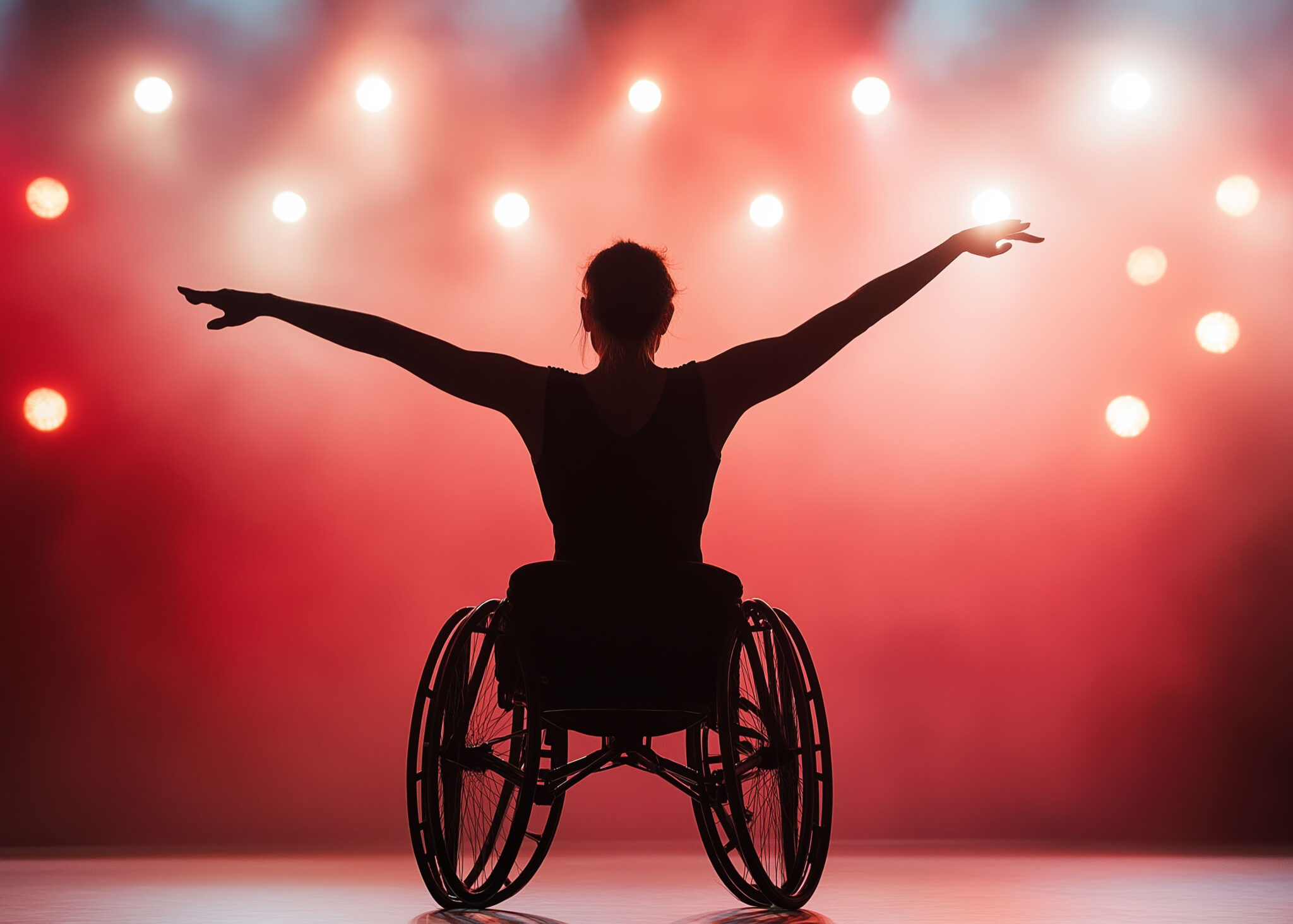 Künstlerin im Rollstuhl auf der Bühne im Scheinwerferlicht