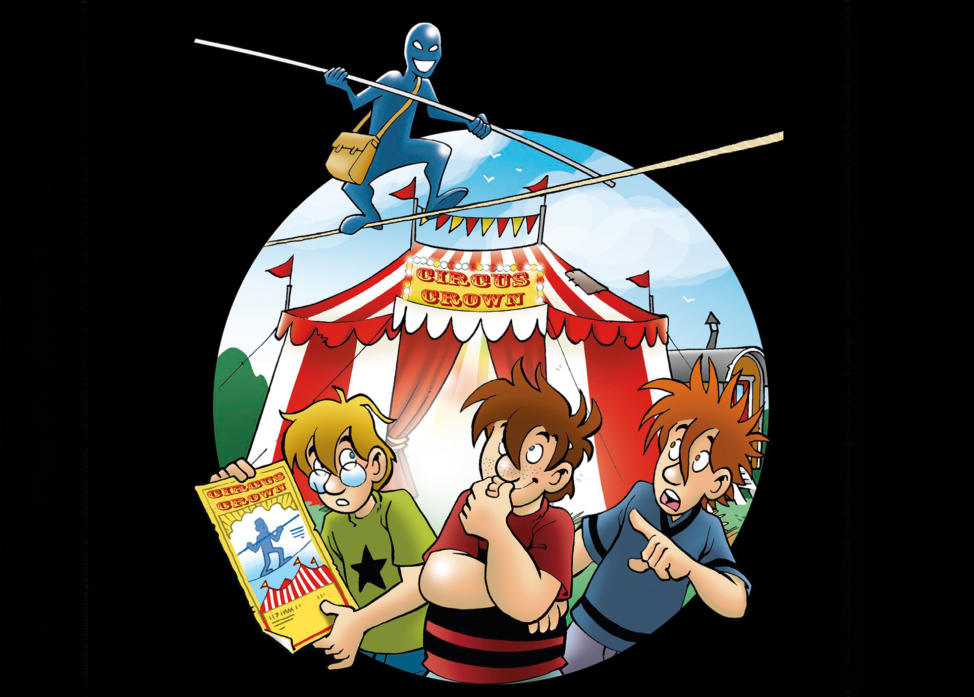 Motiv aus dem Comic mit den drei Detektiven und einem Dieb auf einem Hochseil.