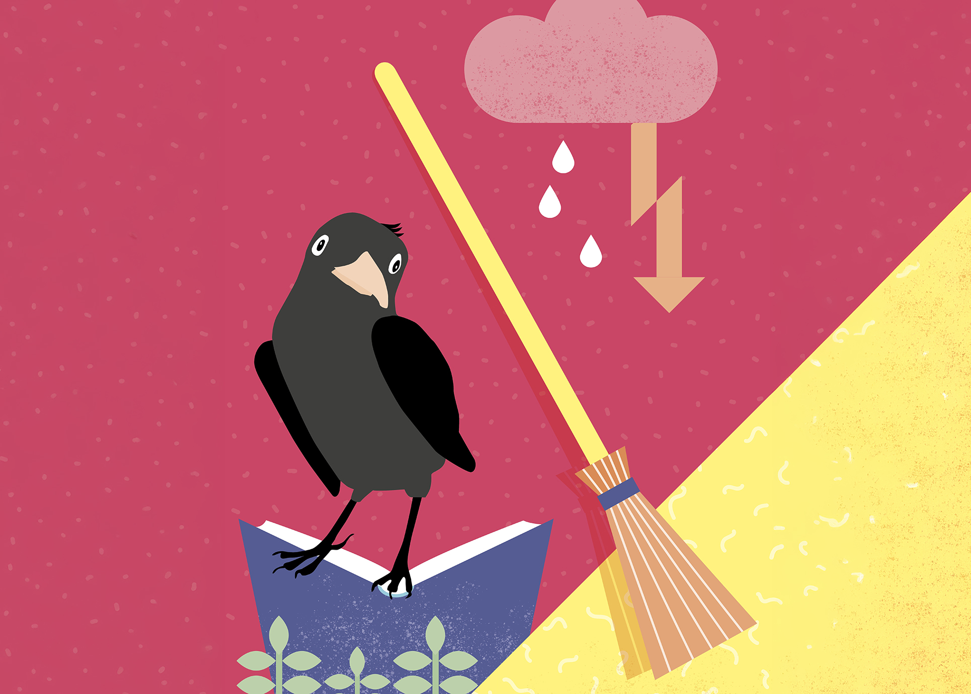 Gezeichnetes Plakatmotiv mit einem Hexenbesen, einer Gewitterwolke und einem Raben, der auf einem Buch sitzt.