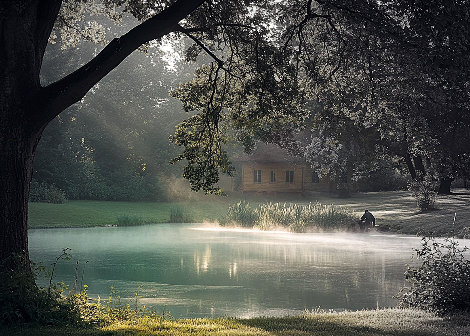 Auf dem Bild sieht man einen See der im Sonnenlicht glitzert. Im Hintergrund ist eine Holzhütte zu sehen.