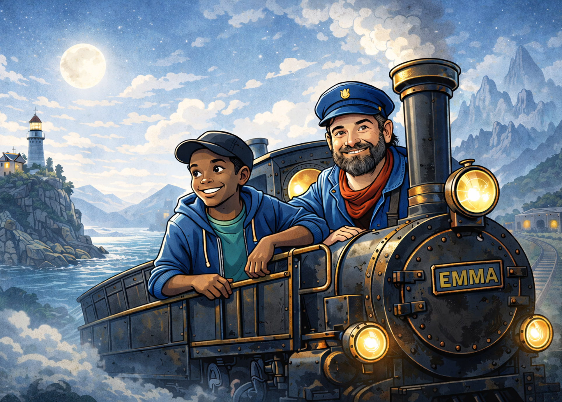 Zeichnung von dem Jungen Jim Knopf und dem Lokomotivführer und ihrer Lokomotive.