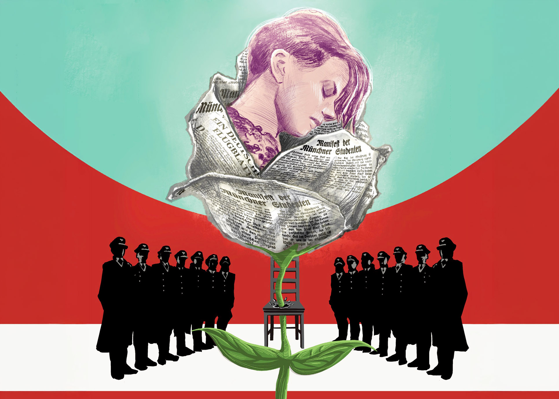 Das Bils zeigt eine Illustration von GESTAP-Beamten und darin Sophie Scholl als weisse Rose.