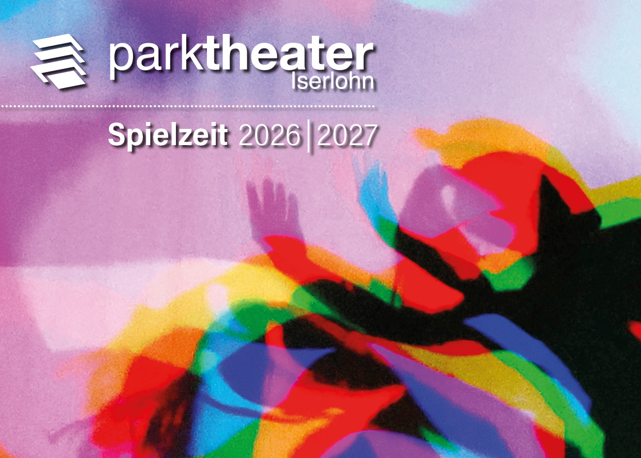 KeyImage der Spielzeit 2026-2027 mit einem bunten Schattenspiel einer Tänzerin. Das Bild stammt aus der Produktion von eVolution Dance Theatre.